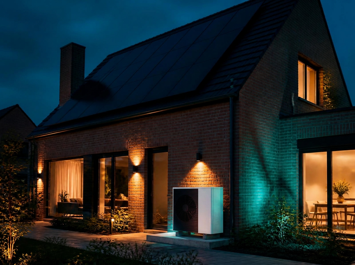 Belgische woning bij valavond met zonnepanelen en een warmtepomp