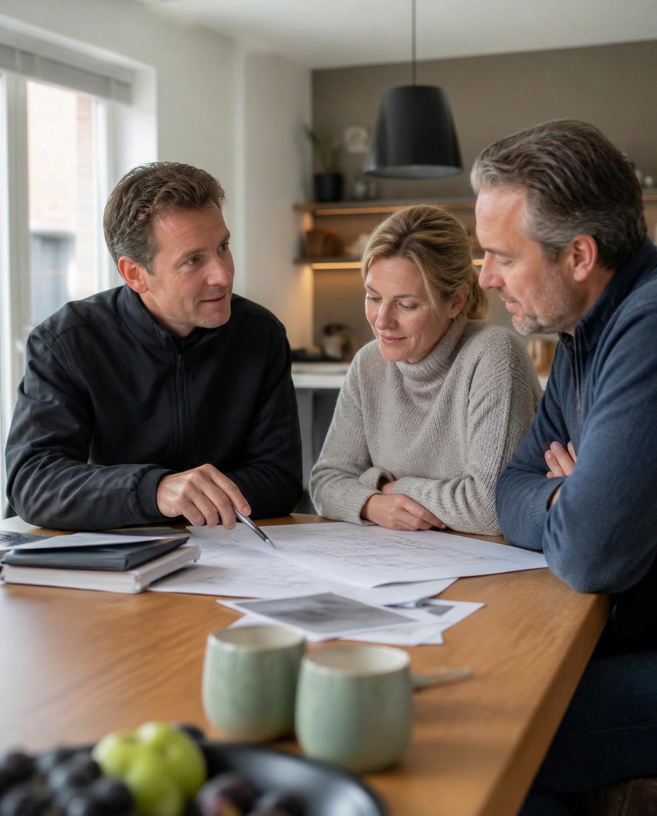 Woonivo-adviseur overloopt het renovatieplan met een gezin aan de keukentafel